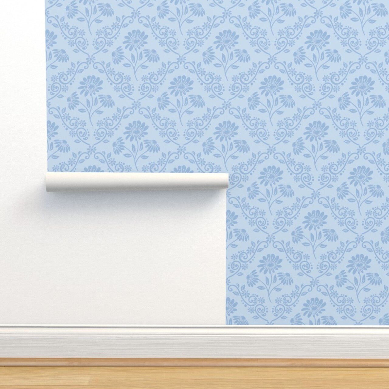 Blue Daisy Boho Style Damask Victorian Floral Botanical Edwardian Farmhouse Custom Removable Wallpaper by Spoonflower Peel & Stick Wallpaper 2FT Wide